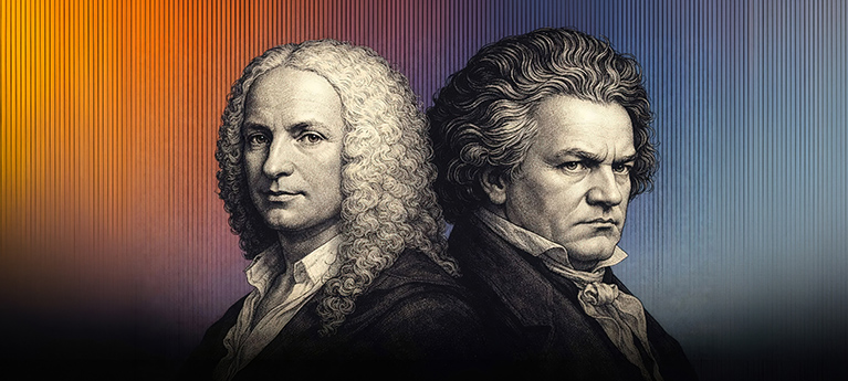 Illustrated portraits of Antonio Vivaldi and Ludwig van Beethoven facing opposite directions against a warm-to-cool gradient background.