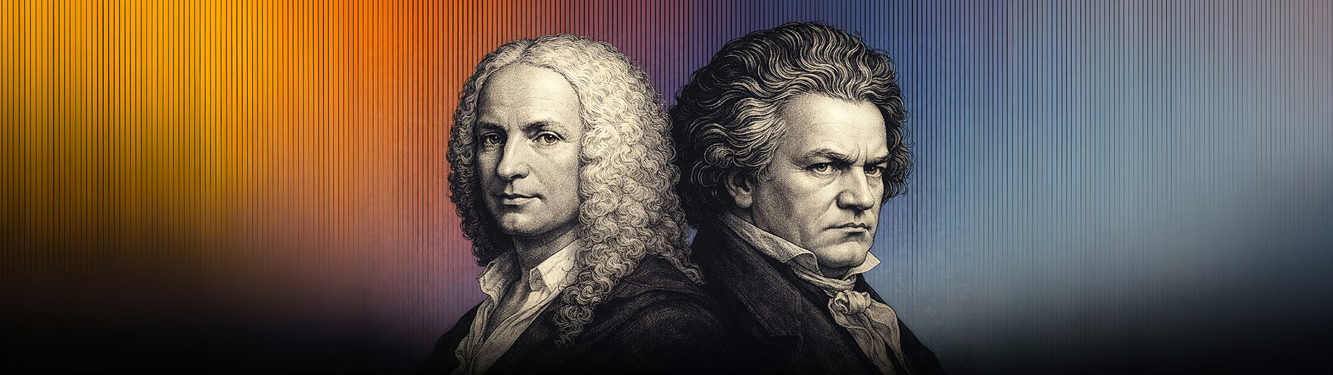 Illustrated portraits of Antonio Vivaldi and Ludwig van Beethoven facing opposite directions against a warm-to-cool gradient background.