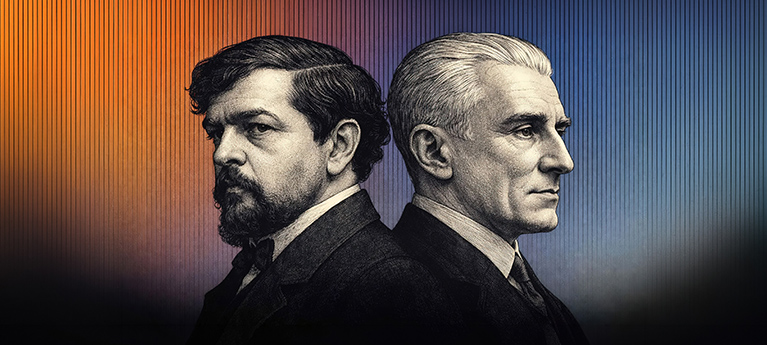 Illustrated portraits of Claude Debussy and Maurice Ravel facing opposite directions against a warm-to-cool gradient background.