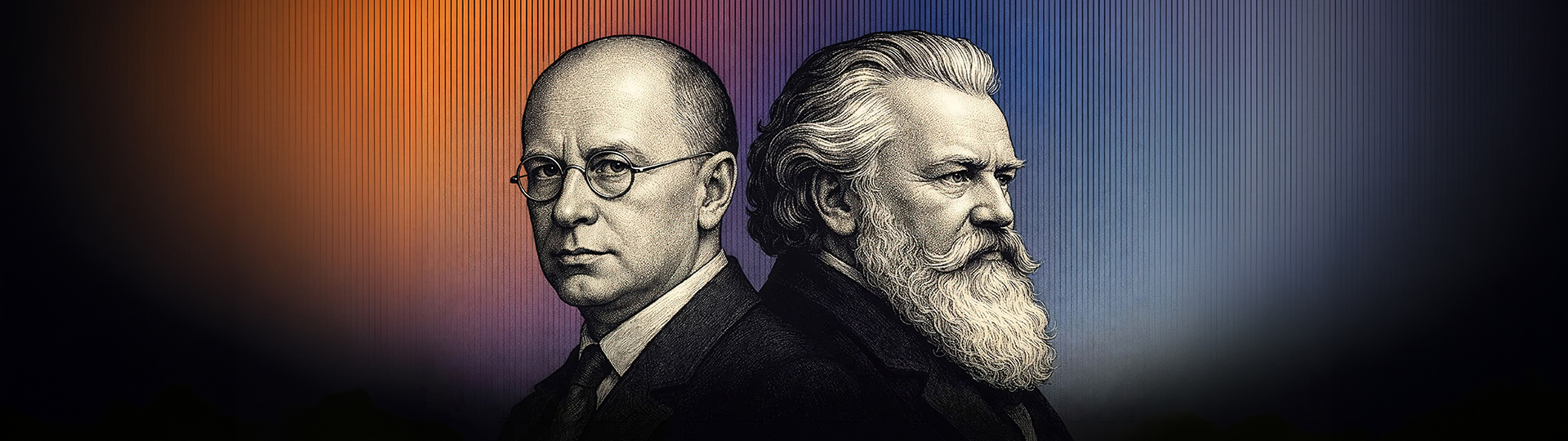 A detailed woodcut-style illustration showing the faces and profiles of Sergei Prokofiev and Johannes Brahms, posed back-to-back. Prokofiev, on the left, is seen in a three-quarter view, wearing glasses and a dark suit with a tie, his face in serious thought. Brahms, on the right, is in profile, distinguished by his abundant, flowing beard and hair. They are set against a background featuring fine vertical lines that shift in color from orange on the left to blue on the right, with a purple-toned transition in the center.