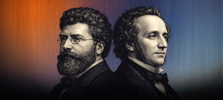 Illustrated portraits of Georges Bizet and Felix Mendelssohn facing opposite directions against a warm-to-cool gradient background.