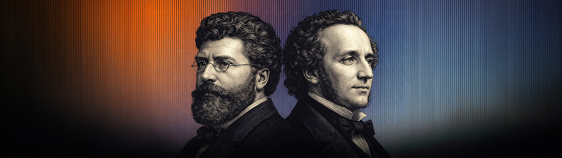 Illustrated portraits of Georges Bizet and Felix Mendelssohn facing opposite directions against a warm-to-cool gradient background.