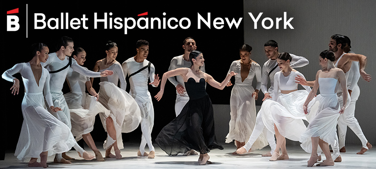 Ballet Hispánico dancers performing onstage in flowing white costumes, surrounding a central dancer in black, with the company logo above.