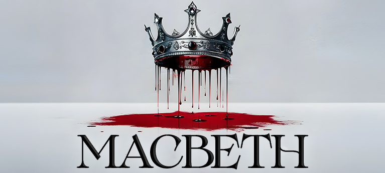 Blood-dripping crown above the title Macbeth on a stark white background.