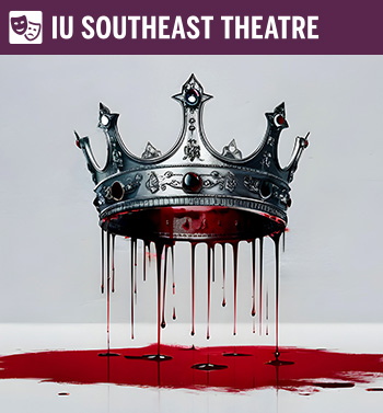Blood-dripping crown on a white background with an IU Southeast Theatre banner.