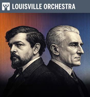 Illustrated portraits of Claude Debussy and Maurice Ravel facing opposite directions against a warm-to-cool gradient background.