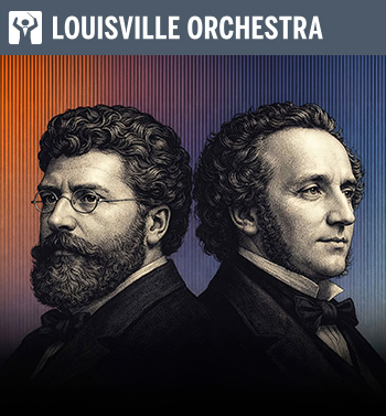 Illustrated portraits of Georges Bizet and Felix Mendelssohn facing opposite directions against a warm-to-cool gradient background.
