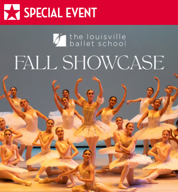 Ballet dancers in white tutus strike elegant poses on stage under “Fall Showcase” text; logo and “Special Event” in red banner above.